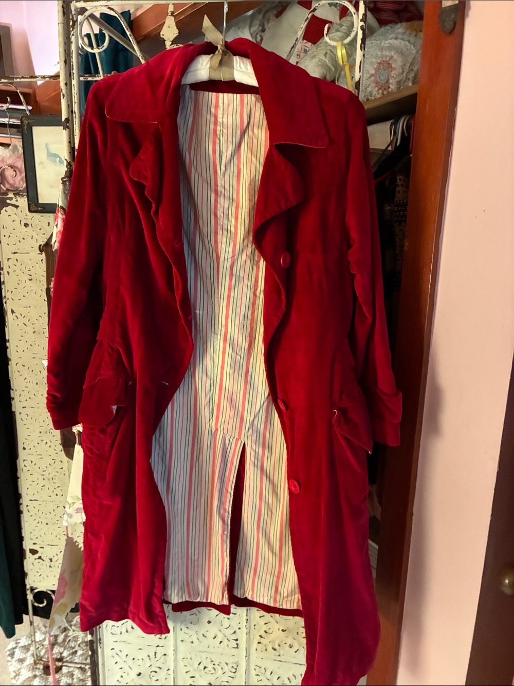 April Cornell Deep Red Velvet Trench Coat - Picture 2 of 11